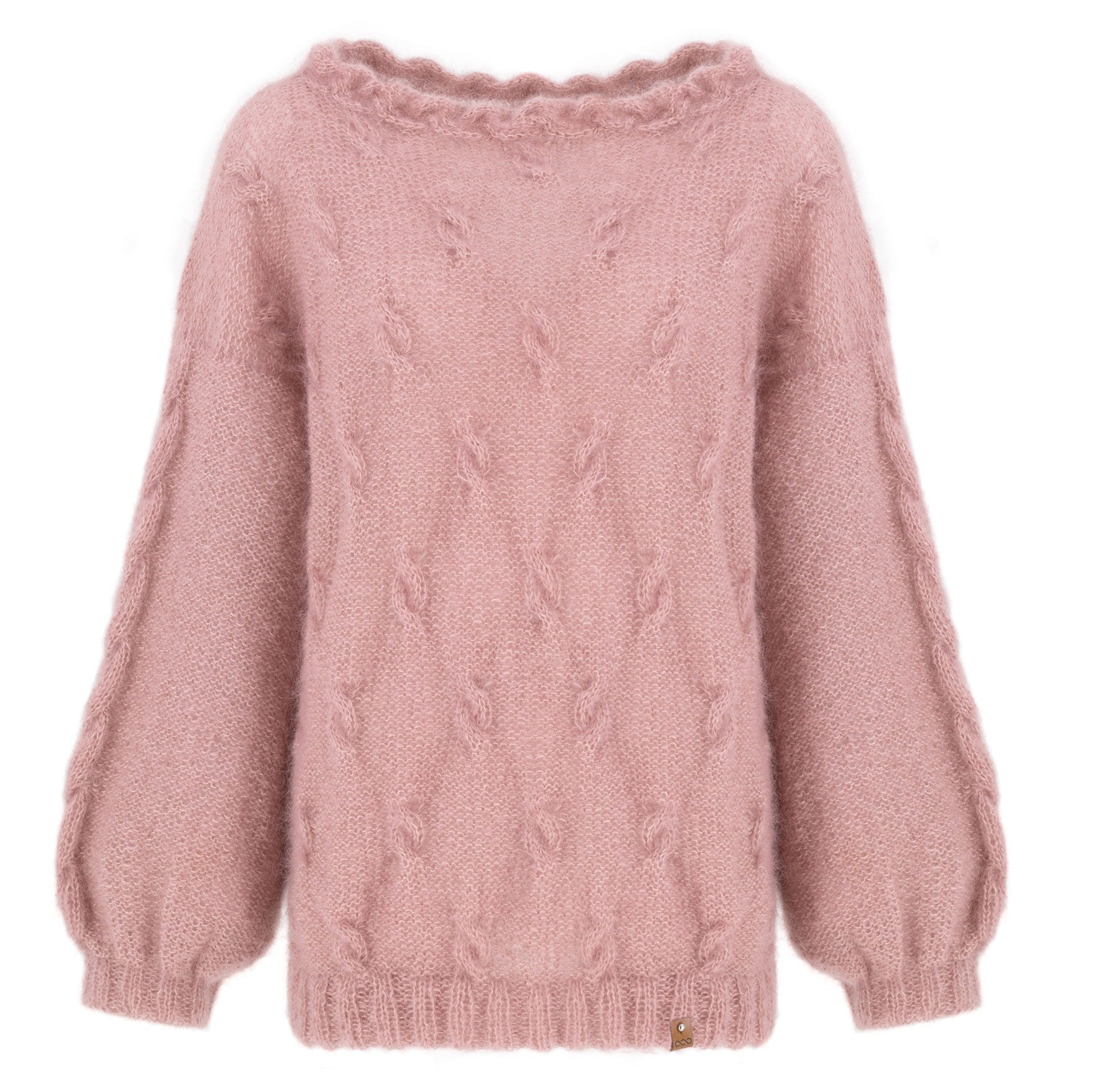 Sweter moherowy handmade ELEMENT No 2 przydymiony róż Różowy ręcznie robiony na drutach z moheru seter ELEMENT No 2 z dekoltem w łódkę i bufiastymi rękawami - widok z przodu