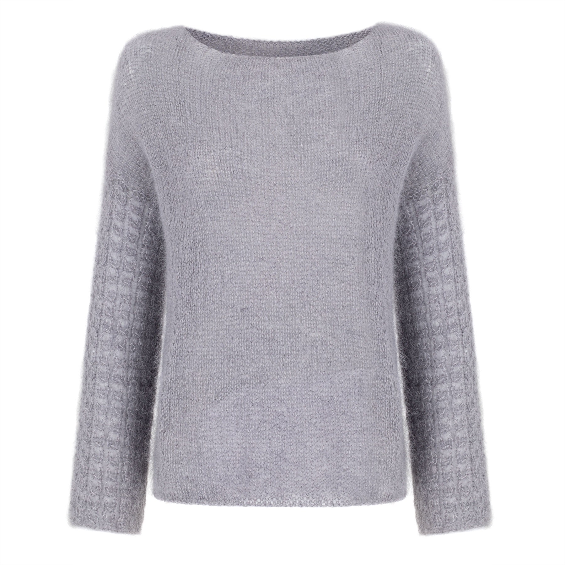 Sweter moherowy handmade ELEMENT No 3 szary Szary ręcznie robiony sweter moherowy ELEMENT No 3 z dekoltem w łódkę i prostymi rękawami - widok z przodu