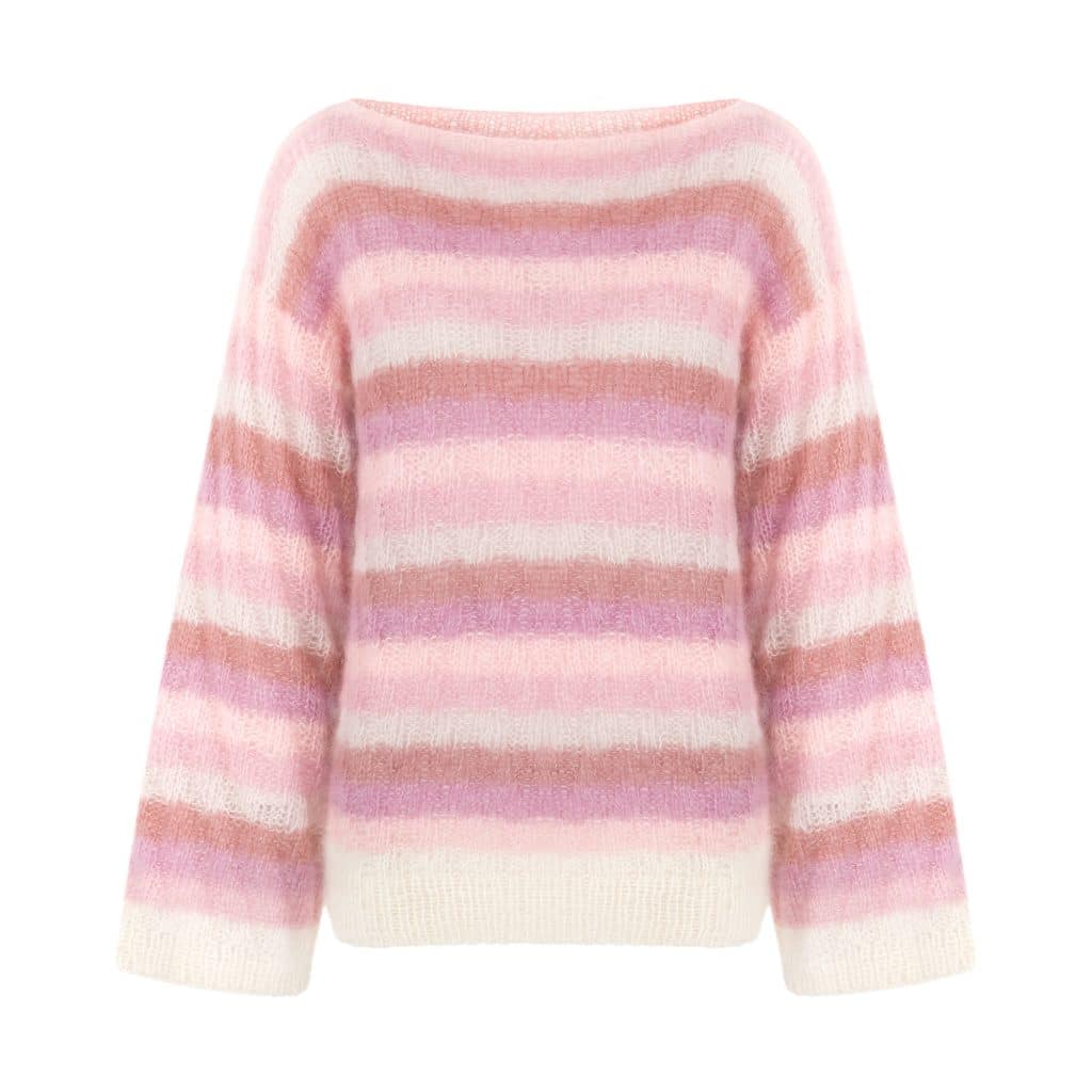 Różowy sweter moherowy LAUREN No 1 w kolorowe pasy z szerokimi rękawami i dekoltem w łódkę - widok z przodu