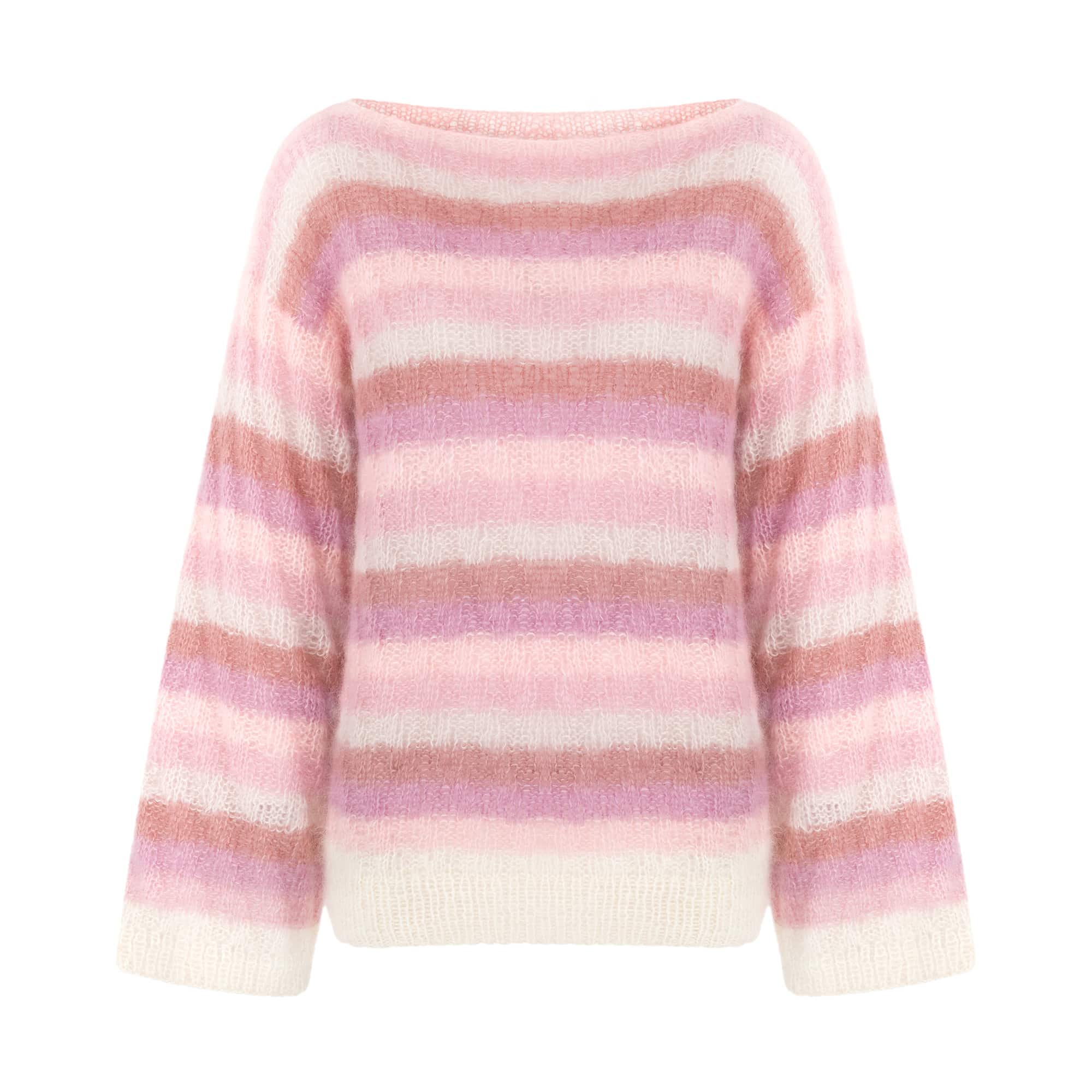 Moherowy sweter HANDMADE LAUREN No 1 Kolorowy Różowy sweter moherowy LAUREN No 1 w kolorowe pasy z szerokimi rękawami i dekoltem w łódkę - widok z przodu