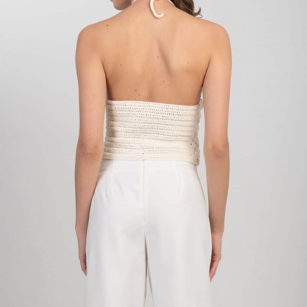 Biały szydełkowy top z bawełny BLOOMING z tyłu