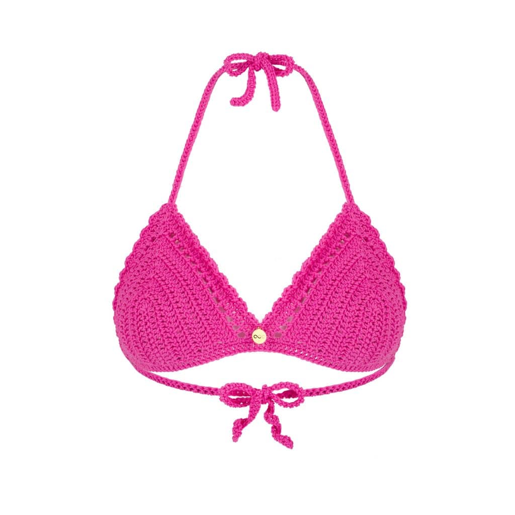 Różowy ręcznie robiony na szydełku biustonosz z bawełny wiązany na szyi i plecach BLOOMING