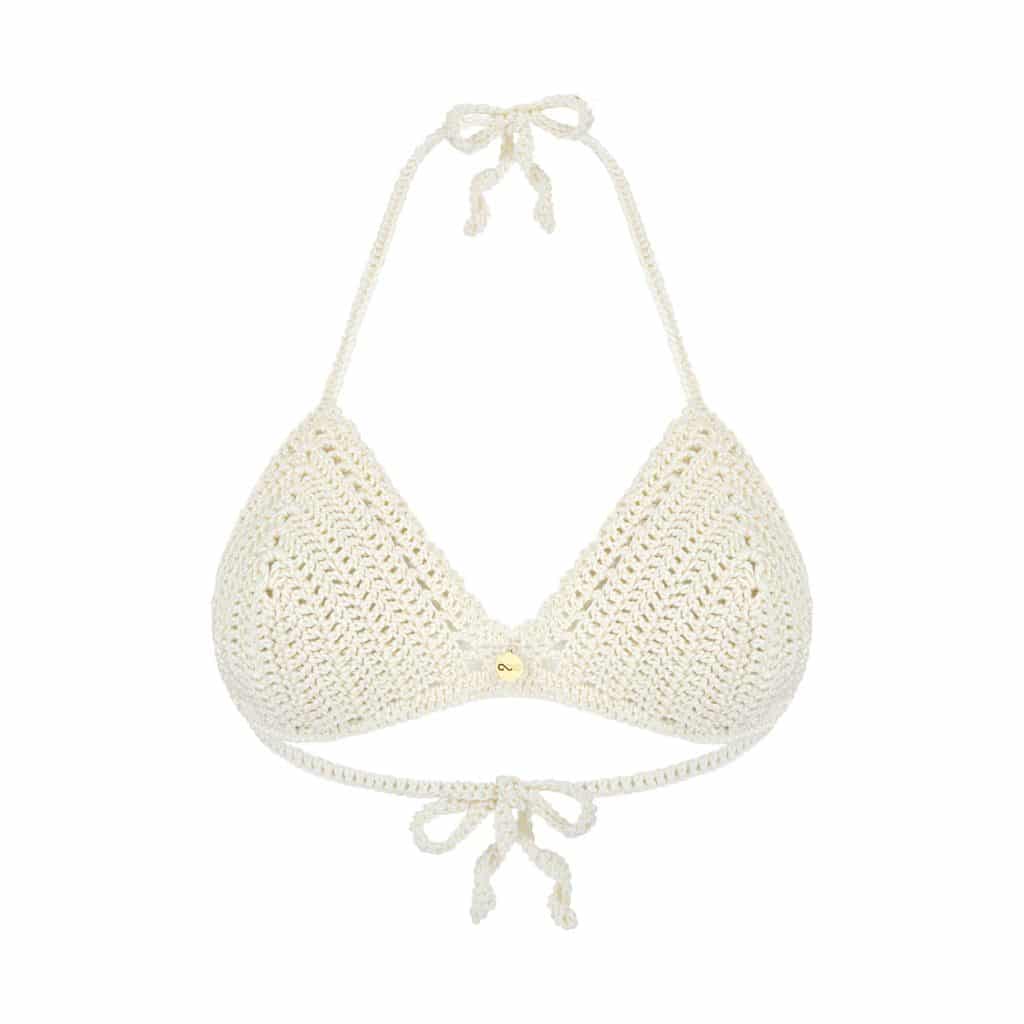 Biały biustonosz ręcznie robiony na szydełku z bawełny wiązany na szyi i plecach BLOOMING