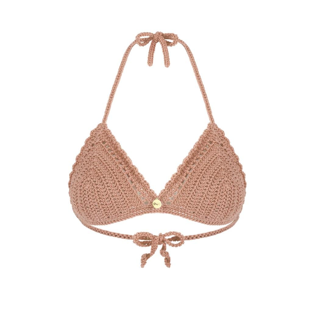 Beżowy biustonosz ręcznie robiony na szydełku z bawełny wiązany na szyi i plecach BLOOMING