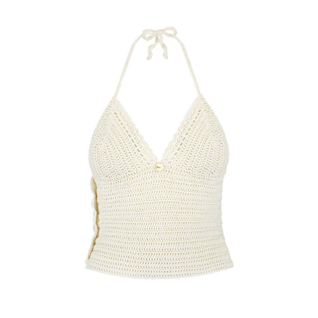 Biały top ręcznie robiony na szydełku z bawełny BLOOMING z wiązaniem na szyi i guzikami z boku