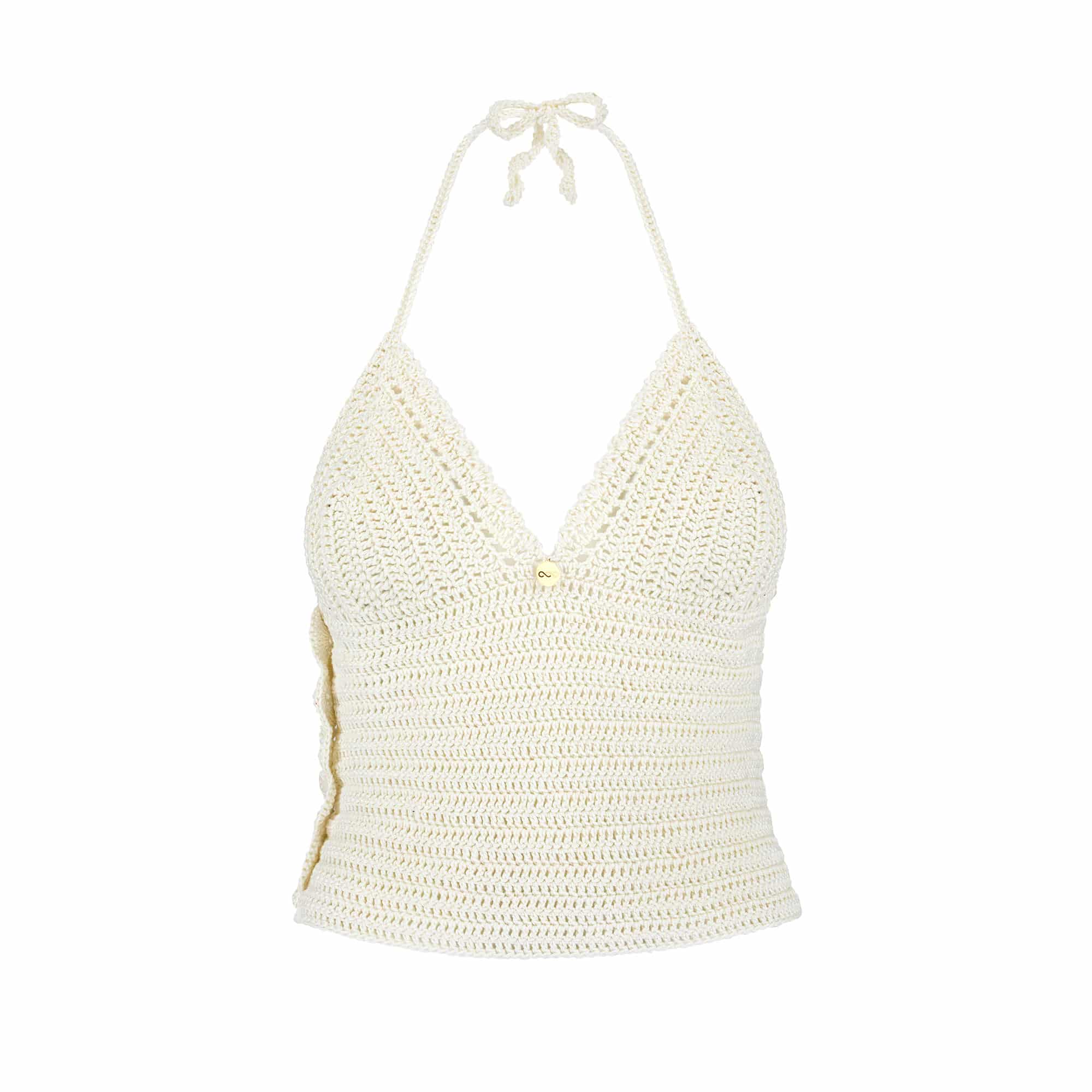 Szydełkowy top z bawełny HANDMADE - BLOOMING biały Biały top ręcznie robiony na szydełku z bawełny BLOOMING z wiązaniem na szyi i guzikami z boku