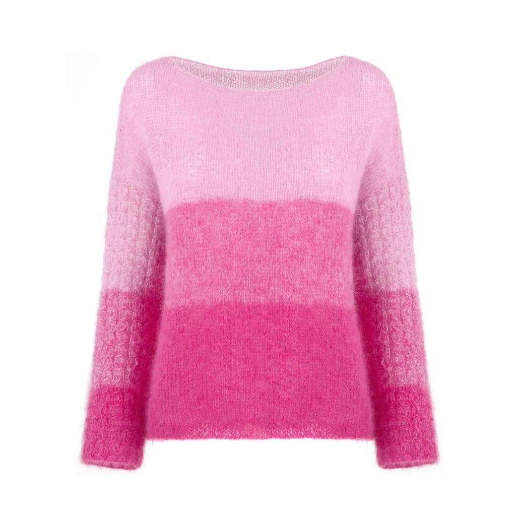 Ręcznie robiony na drutach różowy sweter z moheru w paski ombre i warkoczowym splotem na rękawach ELEMENT No 3