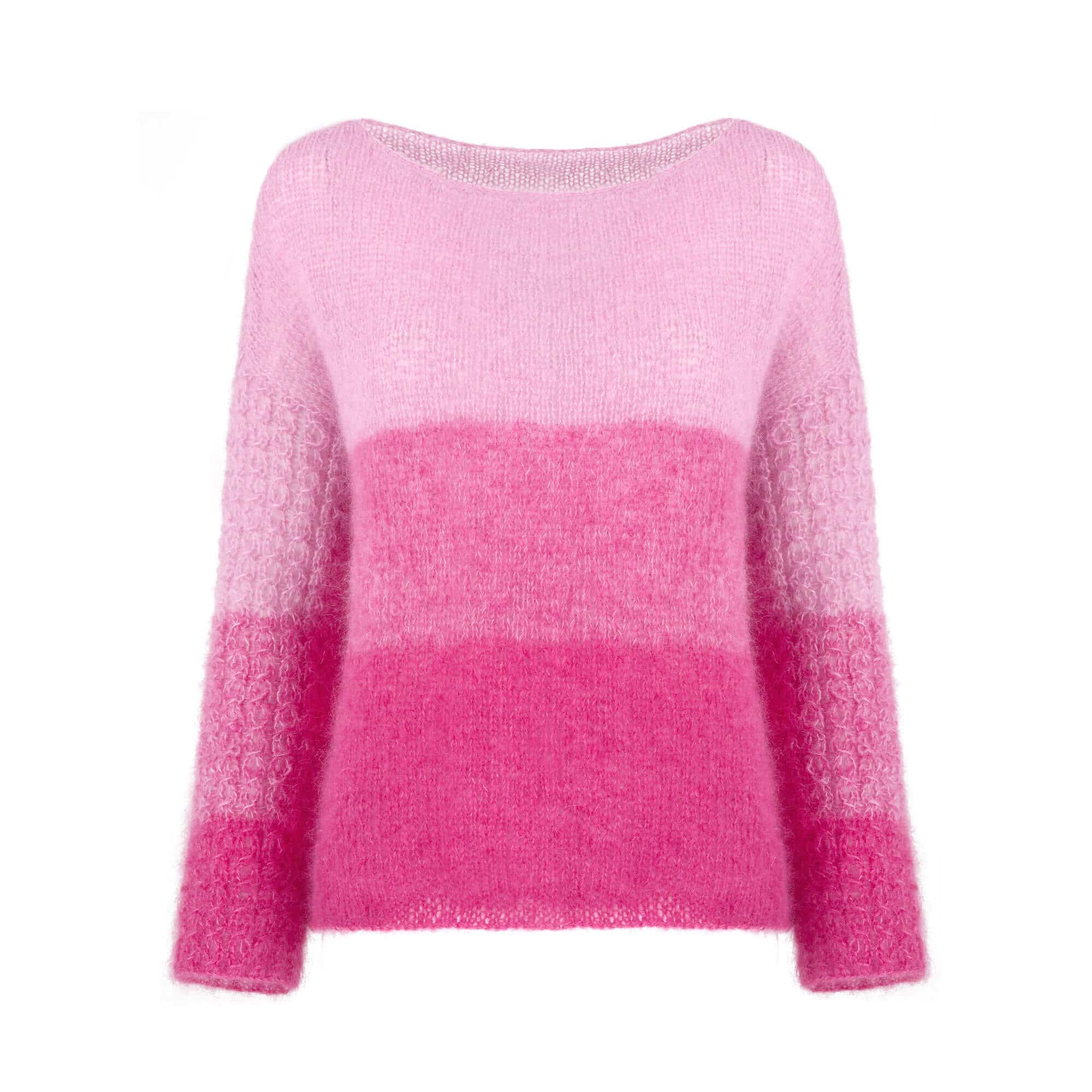 Moherowy sweter HANDMADE - ELEMENT No 3 różowy OMBRE Ręcznie robiony na drutach różowy sweter z moheru w paski ombre i warkoczowym splotem na rękawach ELEMENT No 3