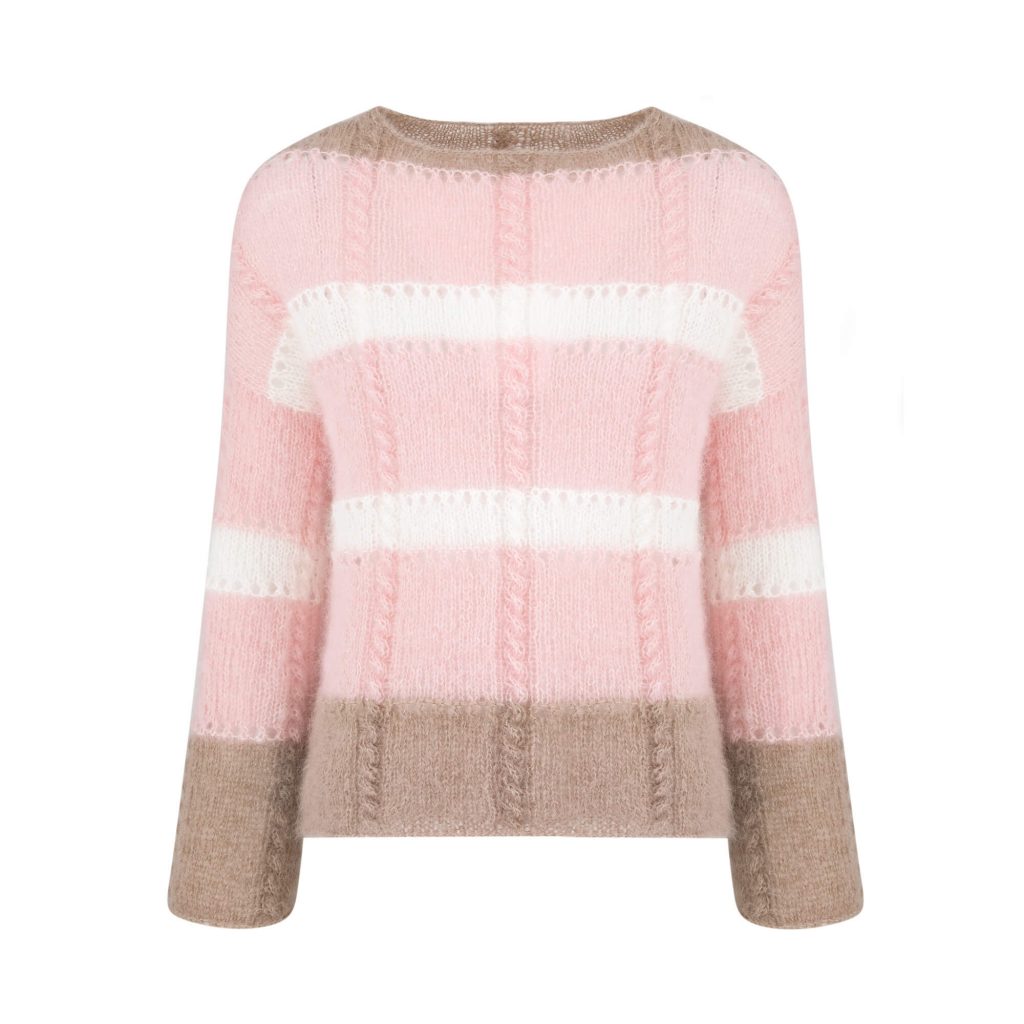 Ręcznie robiony na drutach sweter z moheru BLOOMING No 1 w różowe, białe i brązowe paski
