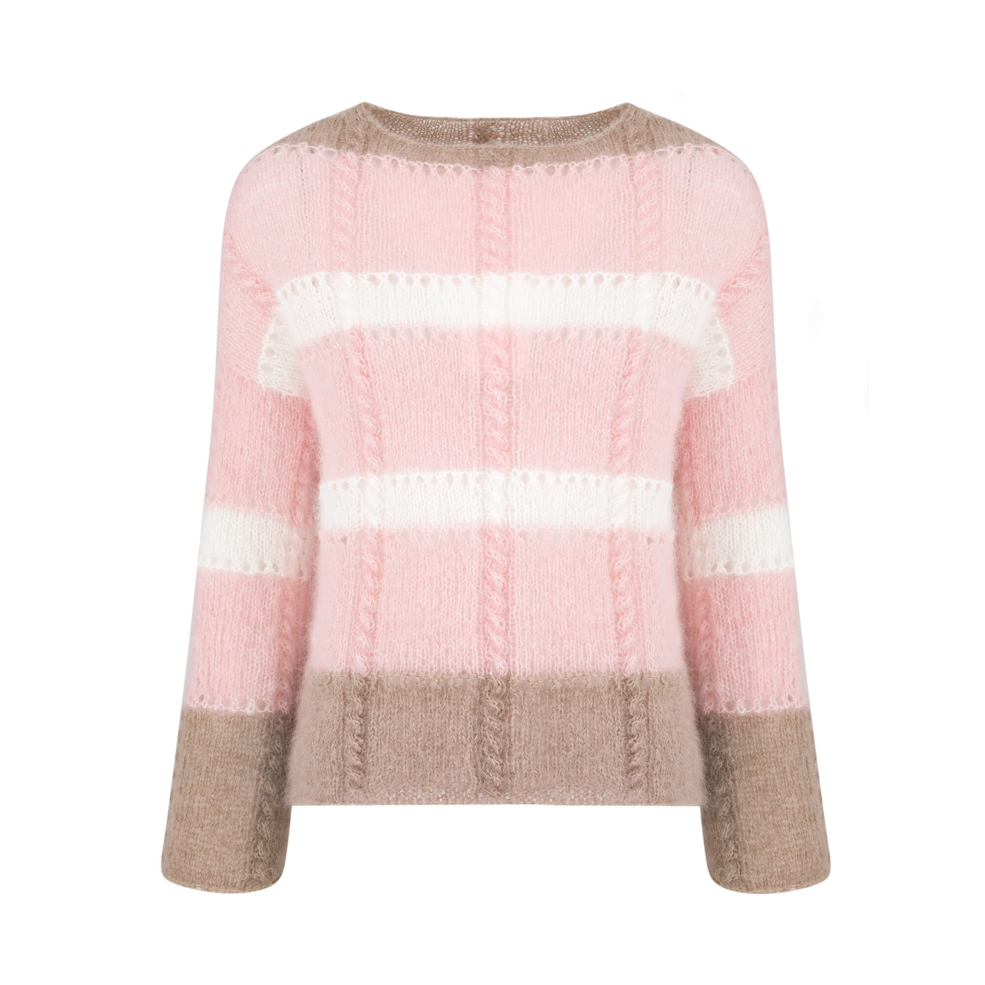 Moherowy sweter HANDMADE - BLOOMING No 1 Ręcznie robiony na drutach sweter z moheru BLOOMING No 1 w różowe, białe i brązowe paski