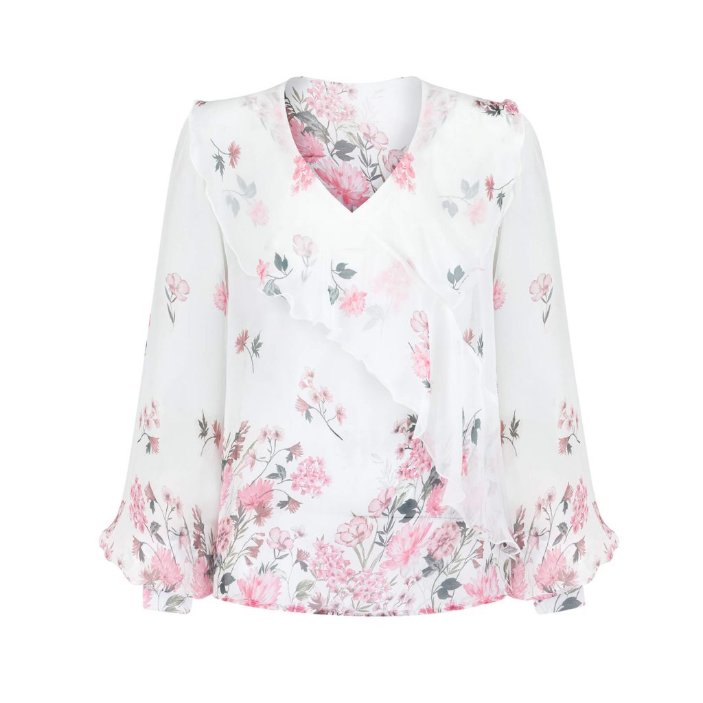 Biała bluzka z jedwabiu i bawełny z falbaną - widok przodu