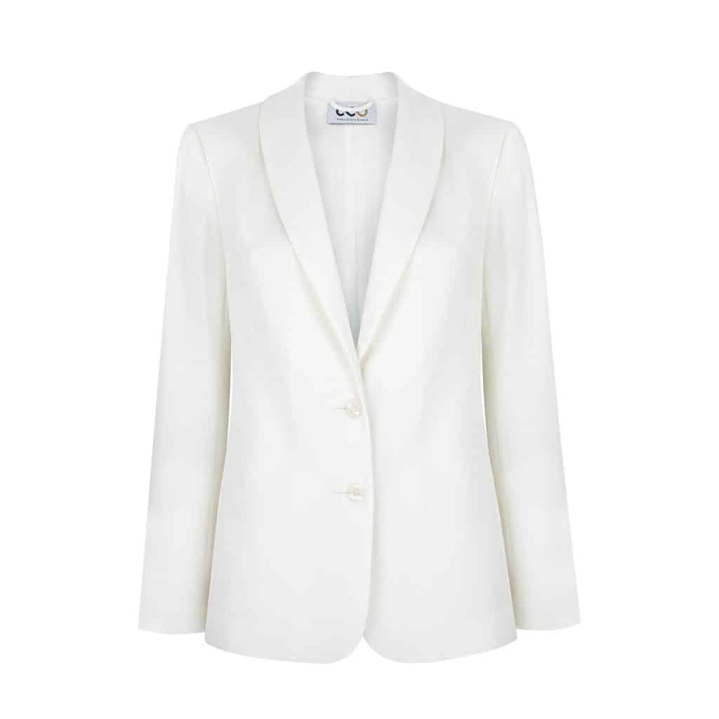 Biała wełniana marynarka smokingowa damska