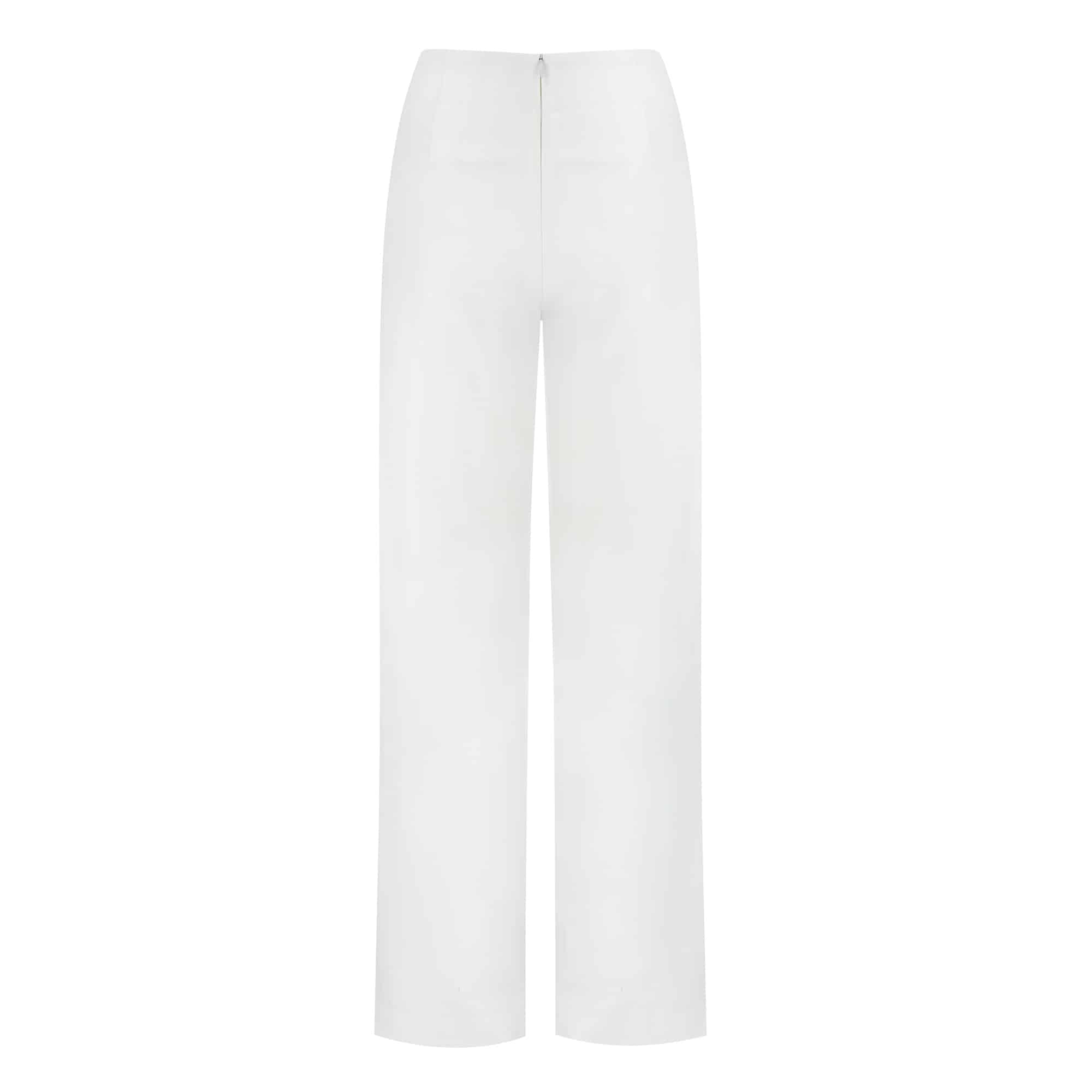 Wełniane klasyczne spodnie w śmietankowej bieli - tył Białe wełniane spodnie klasyczne z tyłu